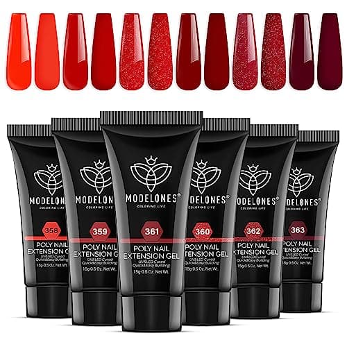 Modelones Polygel Rouge Pailleté 6 Couleurs 15 ml Poly gel Extension pour Ongles Faux Ongles Construction Vernis Semi Permanent Quick Building Gel Complet pour Halloween Manucure Nail Art Kit