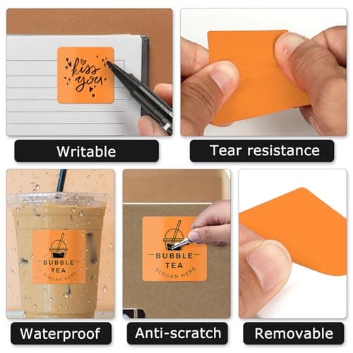 YIKIADA Lot de 500 Étiquettes Thermiques Adhésives 50 X 50 mm Orange Rouleaux Autocollantes Imperméable Amovible Imprimables pour Bureau École QR Inventaire