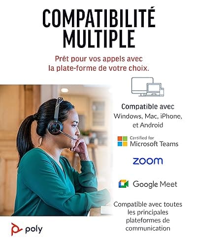 Micro-casque sans fil Poly Voyager Focus 2 UC avec microphone et socle de chargement - Annulation active du bruit (ANC), Connexion à un PC/Téléphone portable via Bluetooth, avec Teams (certifié), Zoom