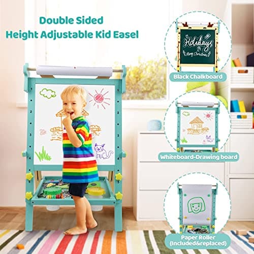 3 en 1 Tableau Enfant Double Face en Bois Avec Rouleau de Papier,Chevalet Magnétique à Hauteur Réglable,Plateau et Autres Accessoires pour Enfants de 2 à 8 Ans