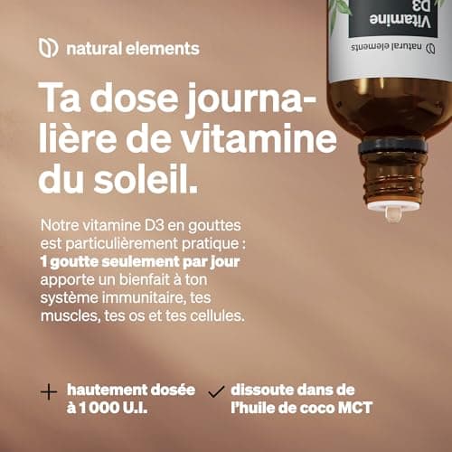 natural elements Vitamine D3 – 1000 U.I. Vitamine D par goutte – 50 ml (1700 gouttes) – enhuile TCM de noix de coco – fortement dosée, liquide