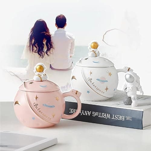 ZMHQLPDZ Mug humoristique pour femme, 450 ml, motif astronaute mignon avec couvercle et cuillère, tasse Kawaii fantaisie pour café, thé et lait, tasse cadeau (rose)