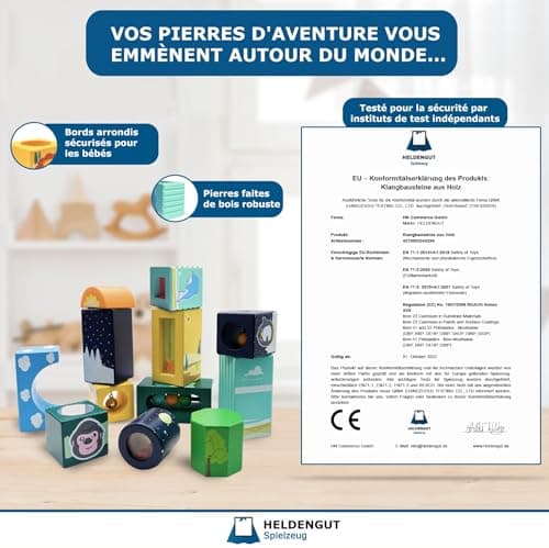 HELDENGUT® Blocs Sonores 'Tour-du-Monde' dès 1 an pour Bébés - Cubes de Construction en Bois de Qualité - Jouet Éducatif Montessori pour Filles & Garçons dès 1 an
