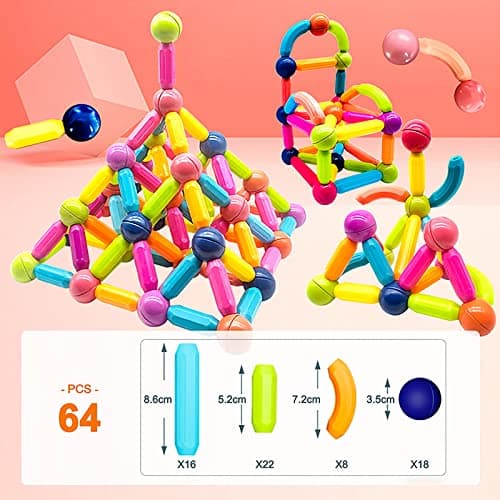 SVYHUOK Bloc Construction Magnetique Enfant 64 Pièces Jeux Construction Magnetique, 3D Jouets Magnétiques Créer l'imagination Infinie, Cadeau pour Les Garçons et Les Filles A la Maison et à L'école