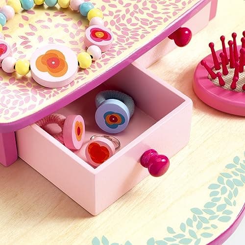 DJECO Coiffeuse en Bois Flora Rose, dès 4 Ans - Jeux d'Imitation & Créativité - Montage Facile - 1 Coiffeuse avec Tiroirs, 1 Miroir, 7 Accessoires Beauté en Bois - L28.5 x l18.7 x H29.7cm
