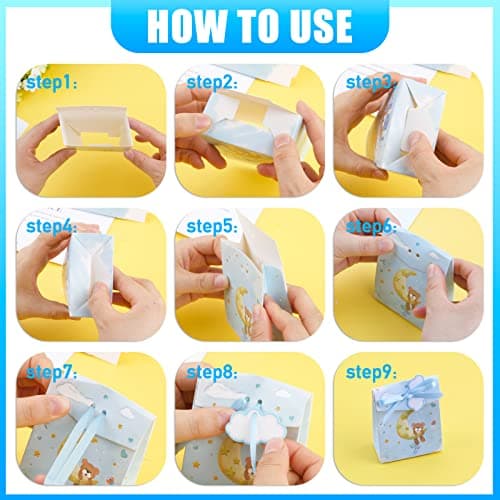 50Pcs Boîtes Baptême Cadeau Bonbonnière 8x4x10CM Sachets Mariage Ballotin Papier Coffret Faveur avec Ruban et Etiquette Cartes pour Décoration Anniversaire Garçon Fille(Bleu)
