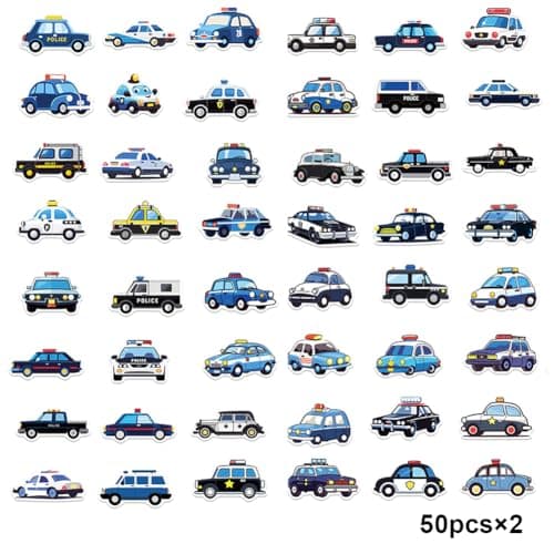 Lot de 100 autocollants pour Voiture de police, Voiture de police stickers en vinyle imperméable, Stickers de Voiture de Police Cartoon pour Enfants, pour téléphone, guitare, skateboard, valise