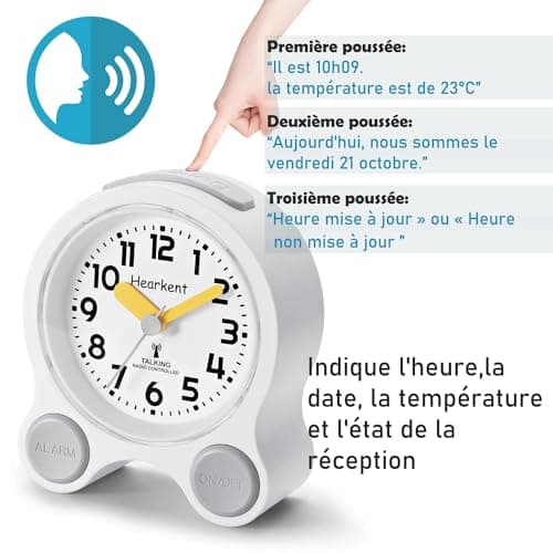Hearkent Réveil Parlant avec Un Son agréable à la française, rétro - éclairé et 5 Ensembles de réveils indépendants pour Les aveugles, Les malvoyants et Les Personnes âgées (Tout Noir)