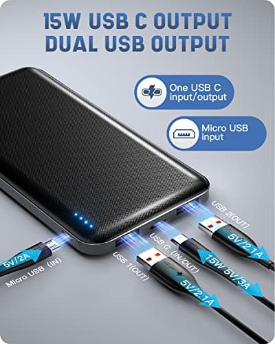 Batterie Externe, Power Bank 10000mah Ultra Mince Lumière, Batterie Externe Charge Rapide USB C Sortie/Entrée (3.0A) et 2 Ports USB Sortie, Chargeur Portable Compatible avec iphone 14 Samsung Airpods