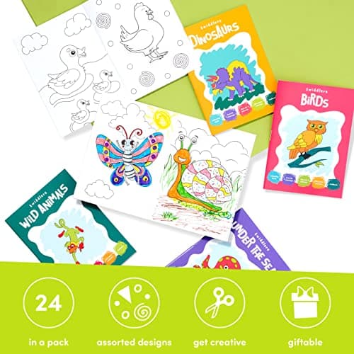 THE TWIDDLERS 24 Mini Livres de Coloriage pour Enfants – Format A6, Dinosaures, Animaux de la Ferme & Plus - Cadeaux Invités, Pochettes Surprises, Sacs Cadeaux, Anniversaire, Mariages, Pâques