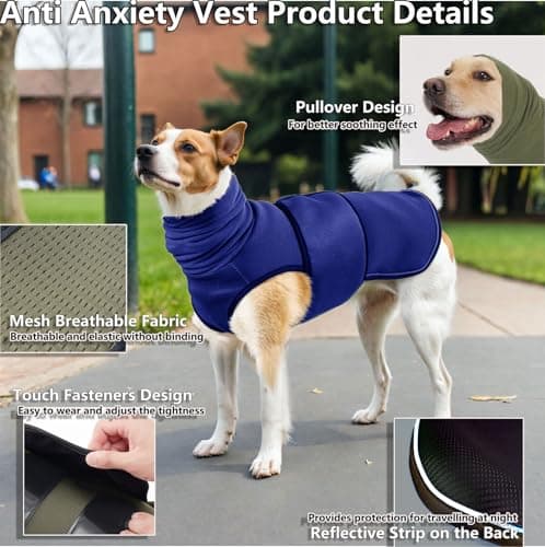 TOPSOSO Gilet Anti-anxiété pour Chien avec Chapeaux Bandanas Manteau Anti-anxiété pour Chien Maille Respirante Bande Auto-agrippante et Réflecteur Apaiser Les Peurs la Nervosité du Chien (Marine XS)