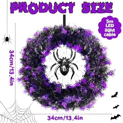 HYOJCWU 35cm Couronne Halloween, Guirlande de Décoration D'araignée d'halloween avec Lumières, Couronne Halloween Porte, Decoration Halloween pour Extérieur, Intérieur, Mur de Porte d'entrée