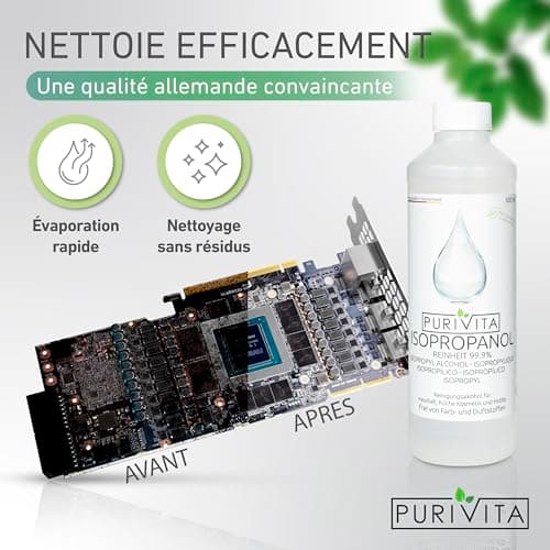 PURIVITA ISOPROPANOL - alcool de nettoyage - Alcool Isopropylique 99,9% - pour la maison, l'industrie, l'électronique - dégraissant + solvant - sans résidus - non conducteur - 500ml