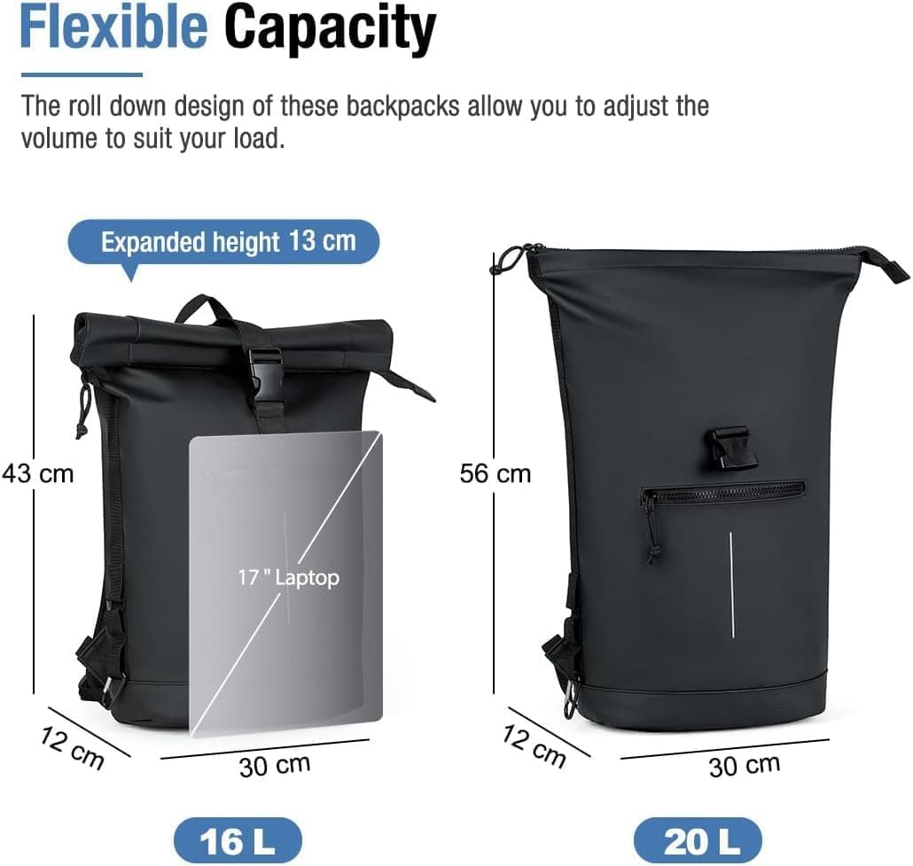 Lekeinchi Sac à Dos Rolltop Elegant Homme Femme Portable PC 17 Pouces, Noir | Imperméable, Rains Sac à Dos avec Bandes Réfléchissantes, Sac à Dos de Voyage Extensible Décontracté Travail College