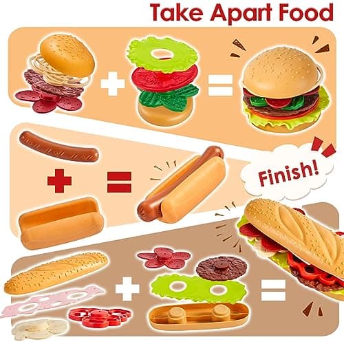 BUYGER Hamburgers Jouet Démontable pour Enfants | Accessoires Cuisine Enfant avec Plateau, Jeu d'Imitation et Éducatif pour Cuisine Dinette, Cadeau Fille Garçon 3 4 5 Ans