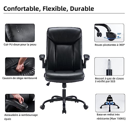 MZLEE Chaise de Bureau, Chaise Ergonomique en Cuir PU Pivotante avec Accoudoir Rabattable, Hauteur réglable, Confortable pour Les Jeux de Bureau à Domicile (Noir)
