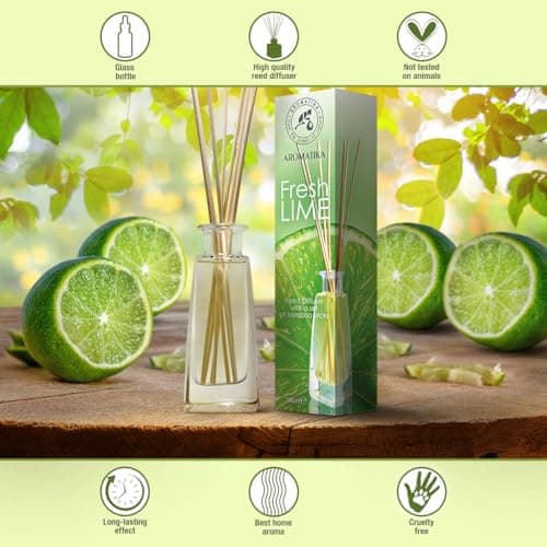 Diffuseur Parfum de Citron Vert 100ml - avec Huile Essentielle Naturelle de Lime avec 10 Bâtonnets de Bambou - Idéal pour Aromathérapie - Spa - Maison - Fragrance Fraîche et Durable