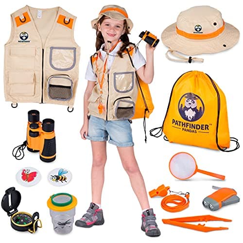 Kit Exploration Enfant avec Gilet Safari et Chapeau, Jumelles Enfant, Boussole Enfant, Loupe Enfant, Boite Loupe Insecte - Cadeau pour Les Garçons et Les Filles âgés de 3 à 12 Ans (Orange, 3-7)