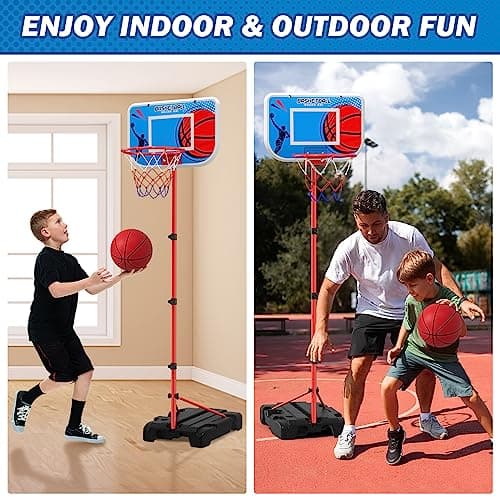 HYES Panier de Basket Exterieur Panier Basket Enfant, Réglable Hauteur Basket Interieur avec Pompe et 4 Ballon pour Jeux Exterieur Enfants