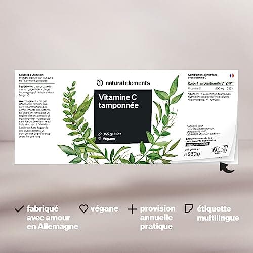 Vitamine C tamponnée 500 mg – 365 gélules véganes – produit doux pour l’estomac, pH-neutre, sans acide – issu de la fermentation de maïs sans OGM – fabriqué et contrôlé en laboratoire en Allemagne.