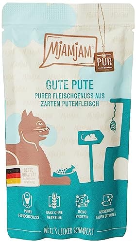 MjAMjAM - nourriture humide premium pour chats - Quetschie - pur plaisir de la viande - bonne dinde pure, pack de 12 (12 x 125 g), sans céréales avec supplément de viande