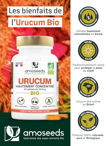 Urucum BIO | Soleil, Bronzage | Haute Concentration, 1% bixine | 100% Naturel et Vegan | 90 gélules | Fabriqué en France | Qualité Supérieure