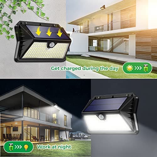 OUILA Lampe Solaire Exterieur, 【4 Pack】 3 Modes Projecteur Eclairage Avec Detecteur, 185 LED Spot Solaire IP65 Etanche Lumiere Solaire pour Jardin, Garage, Patio