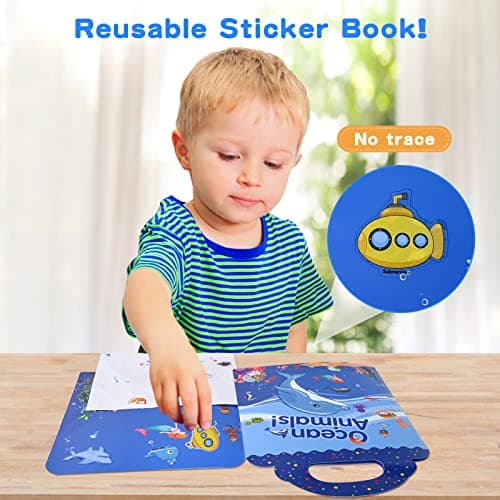 FORMIZON Cahier D'autocollants, Lot de 4 Livres D'autocollants Réutilisables pour Enfants, Animaux de L'océan et Dinosaures Livres D'autocollants Amovibles pour Tout-Petits, pour 2 à 6 Ans