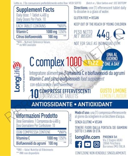 LongLife® C Complex 1000 t/r | Haute dosage 1000mg de vitamine C | Avec bioflavonoïdes d’agrumes | Time Release | Système immunitaire | Végan et sans gluten