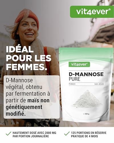 Poudre de D-mannose - 250 g - (4,1 mois d'approvisionnement) - Issu de la fermentation végétale - Pur & naturel - Sans additif - Vegan