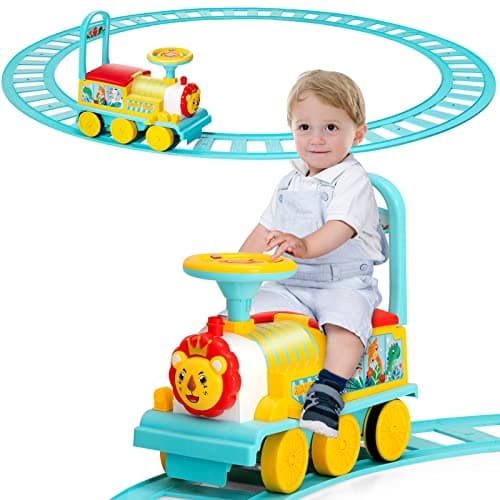 DREAMADE Train de Porteur Bébé Électrique avec 16 Pistes, Voiture à Pousser avec Lumières et Sons,Espace caché sous Le Siège, Cadeau de 3 Ans + (Bleu)