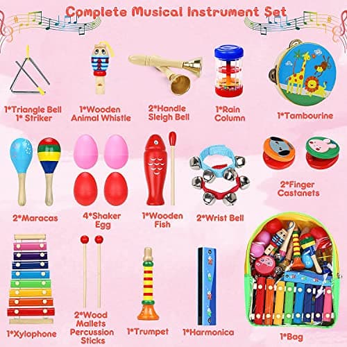 Jojoin Instrument de Musique Bebe - 25PCS Instrument de Musique Enfant avec Tambour Xylophone - Jeux Enfants 2 3 4 Ans - Jouet Enfant Bebe 1 2 3 4 Ans pour Fille Garçon - Jouets Musicaux en Bois