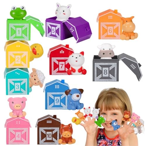 Wisplye Jouets à Empiler d'animaux de la Ferme, Marionnettes Doigts Montessori, Jouets d'apprentissage pour Bebe Enfant Garçon Fille 1 2 3 Ans Cadeaux Noël (10 Pièces)