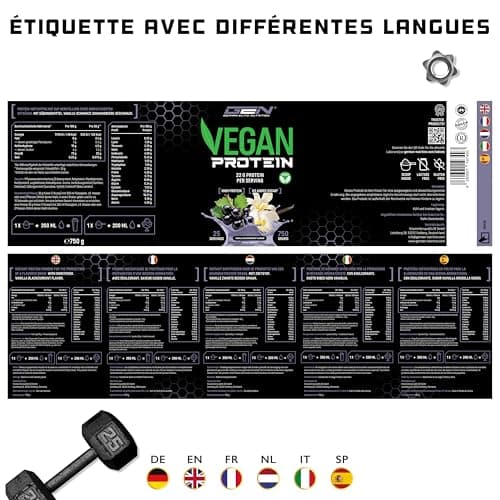 Poudre de protéine végétalienne - Protéine végétale de pois, riz, amande et chanvre - Sans soja - Délicieuse & crémeuse - (750 g, Vanille Cassis)