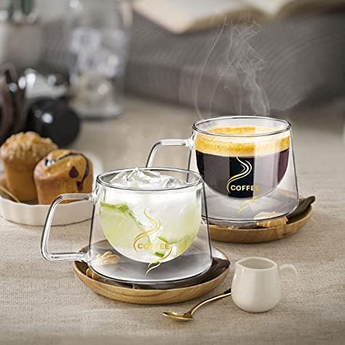 KAMEUN Tasse Double Paroi, 200ml*2 Coffret de Double Paroi Verre à Café, Tasses en Verre Borosilicate avec Poignée, effet flottant, pour Thé, Café, Lattes, Cappuccino, Espresso, Bière