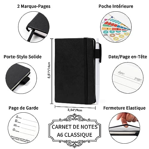 Feela 3 Carnet de Notes de Poche A6 avec 3 Stylos Noirs, Page Lignée, Petit Carnet de Poche à Couverture Rigide avec Porte-Stylo, Bloc Note A6 pour Bureau Ecole pour Notes Plans, 9 x 14 cm, Noir