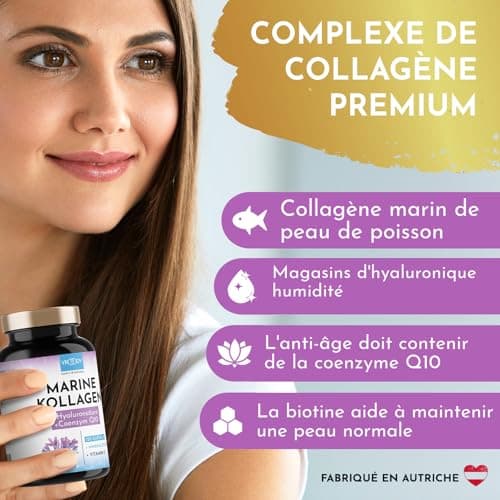 Premium Collagène Marin Complex 1000mg hautement dosé + Acide Hyaluronique - 120 Caps + Coenzyme Q10, Zinc, Cuivre, Manganèse, Vitamines C, Biotine - Sans additifs, Fabriqué en Autriche par VROODY