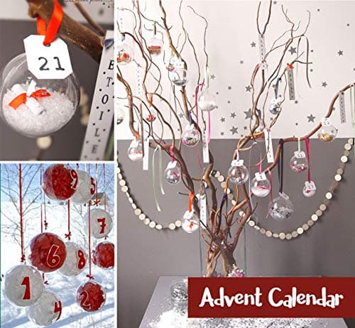 ilauke 20 Boules de Noël en Acrylique Transparentes avec Plumes,Fil de Perles,Flocons de Neige,Boule Plastique Transparent Acrylique Remplissable Boule pour Décoration Saisonnière,Mariage,Fête (80mm)