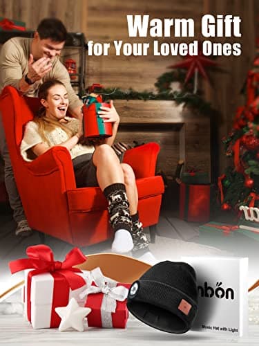 UNBON Bonnet Bluetooth avec LED Lampe, Idée Cadeau Homme Bonnet Bluetooth Lampe Frontale Rechargable Cadeau Noël Original Bonnet LED Bluetooth avec Écouteur Stéréo Tricoté Hiver Chaud pour Homme Femme