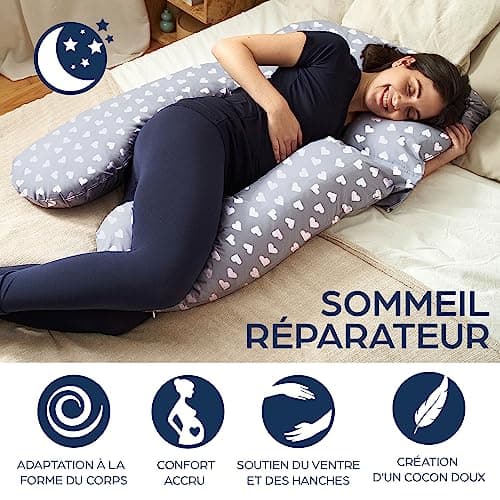 Niimo Coussin de Positionnement - Coussin de Grossesse en U - Coussin de Grossesse pour Dormir - Multifonction et Adapté Allaitement - Housse 100% Coton (Gris avec cœurs Blancs)