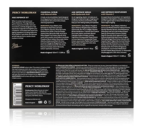 Le kit anti-âge Percy Nobleman, un coffret soin visage homme, contient un gommage au charbon de bois (AHA naturels), sérum anti-âge (l’acide hyaluronique) crème anti-âge (vitamine C)