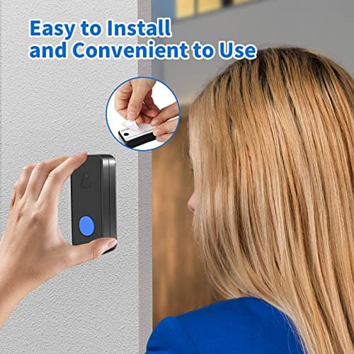 Nestling Sonnette sans Fil, Mini Sonnette de Porte IP55 Exterieur Étanche Kit de Carillon Electronique Portée 300M, 55 Mélodies au 5 Niveaux Volumes, LED Bleu pour Maison Bureau Hôtel Urgence, Noir