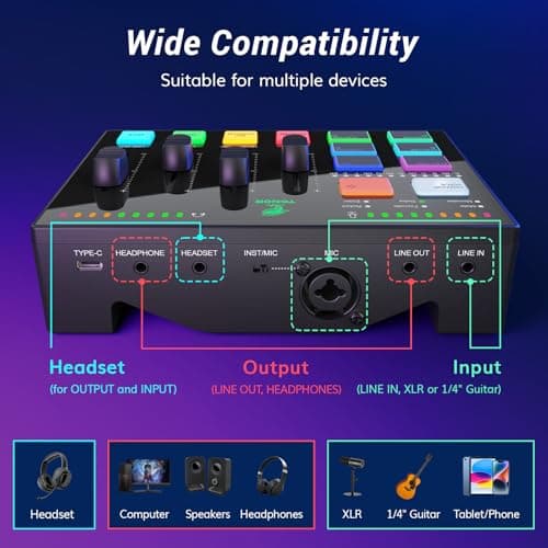 TONOR Ensemble D'équipements de Podcast, Interface Audio USB et Microphone Dynamique XLR, Kit de Podcast avec Mixeur audio RGB, Parfait pour L'enregistrement, La diffusion, Le streaming et Les Jeux