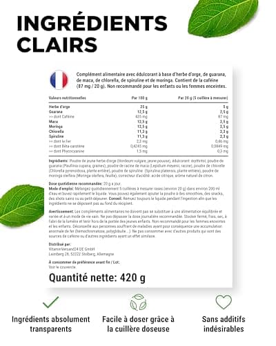 Combinaison de super aliments - 420 g de poudre (shake) avec herbe d'orge, guarana, maca, chlorella, spiruline, moringa - Power smoothie 100% naturel - Avec arôme citron - Vegan