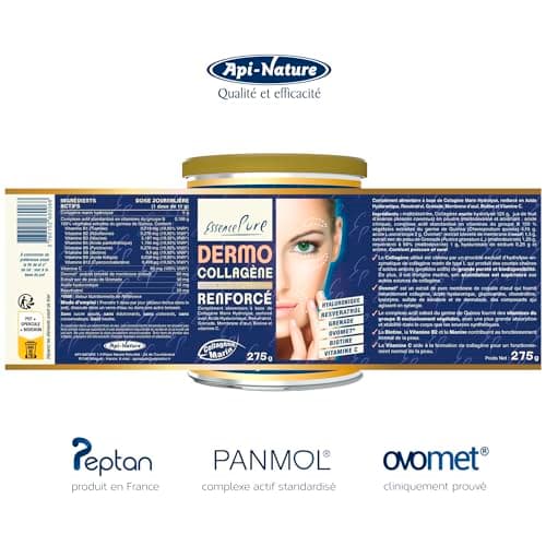 Collagene Marin Poudre 275g | Peptide de Collagene Hydrolysé Peptan 5000mg Collagène Marin Acide Hyaluronique, Ovomet et Biotine | Complément Alimentaire Peau Dermo Essence Pure | Api-Nature
