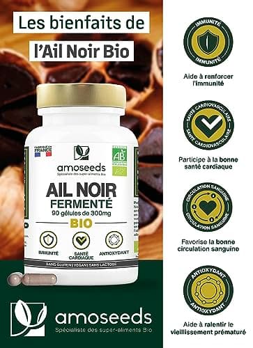 Ail Noir Fermenté BIO | Extra Fort, 900mg / Jour | Contient de la S-Allylcystéine | Santé Cardiaque, Circulation Sanguine, Immunité | Qualité Supérieure | Fabriqué en France