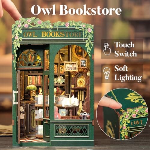CUTEBEE Kit Book Nook - Maison Miniature à Monter soi-même - Maison de poupée - avec Housse de Protection Contre la poussière et lumière LED - Kit de modélisation pour Adultes(Owl Bookstore)