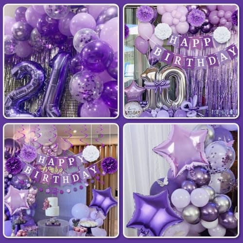 Décorations d'anniversaire violettes pour femmes et filles, bannière d'anniversaire violette, ballons à pompon, décorations d'anniversaire avec guirlande, kit de ballons violets pour la fête