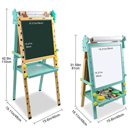 3 en 1 Tableau Enfant Double Face en Bois Avec Rouleau de Papier,Chevalet Magnétique à Hauteur Réglable,Plateau et Autres Accessoires pour Enfants de 2 à 8 Ans