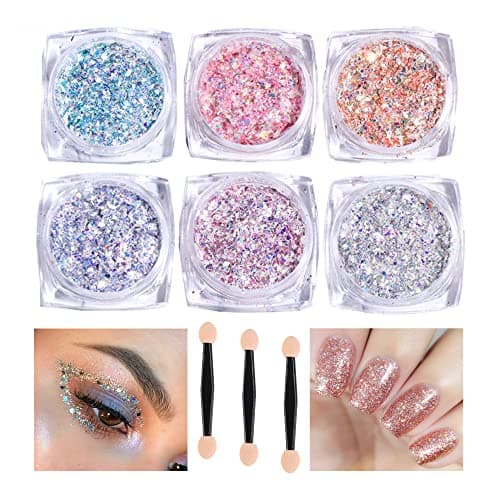 6 boîtes de poudre de paillettes pour ongles, poudre de paillettes avec pinceau éponge, paillettes exquises pour nail art, corps, visage, décoration de festival